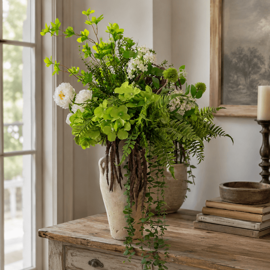 green and white artificial flower arrangement